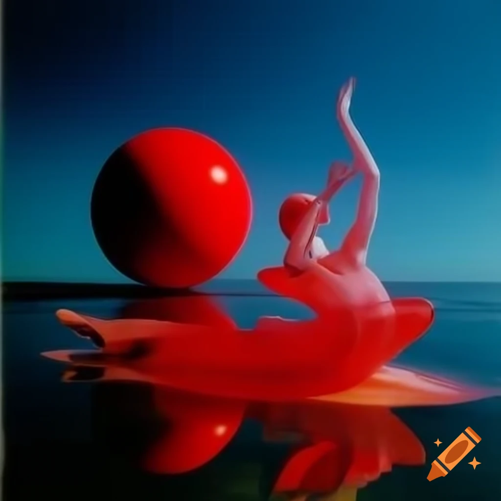 Pop surreal photography featuring a red glass statue
