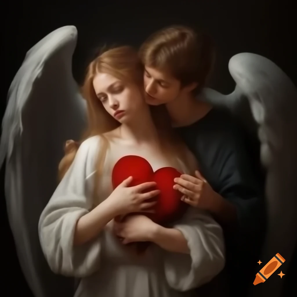 Young lady angel holding broken heart embraced by dark angel