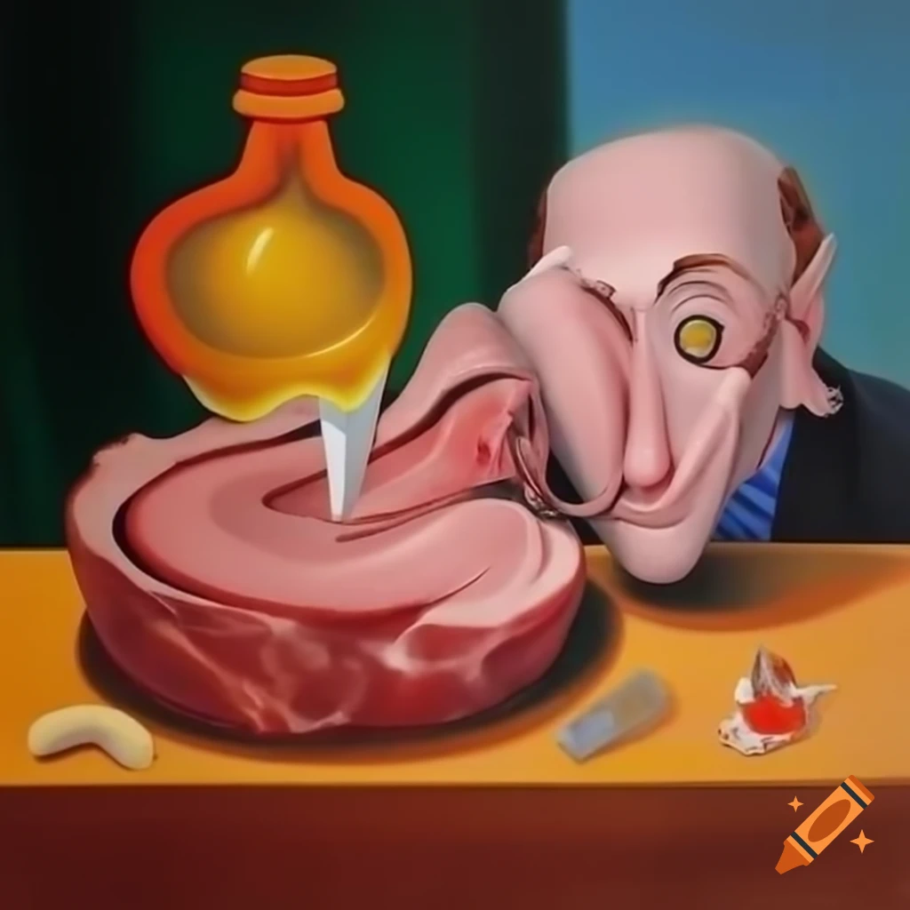 Surreal artwork of pork chop inside a bottle inspired by Salvador Dali