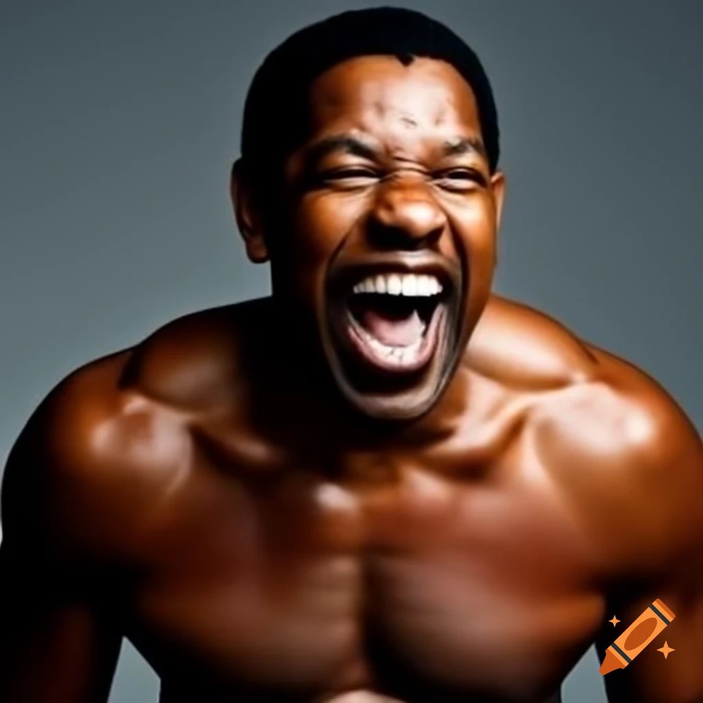 Exaggeratedly muscular man laughing, resembling Denzel Washington