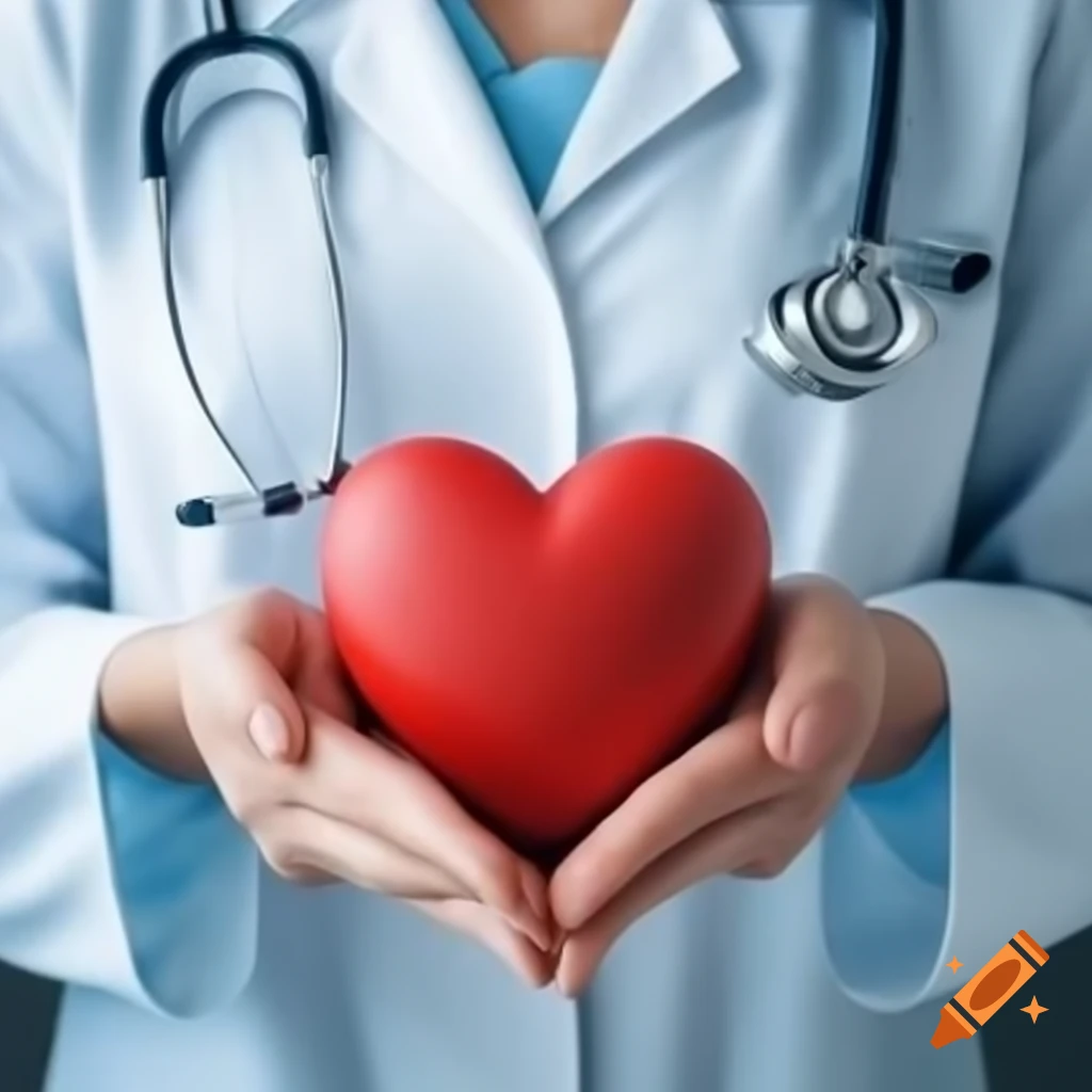 Medical professional holding heart with stethoscope against pastel blue background