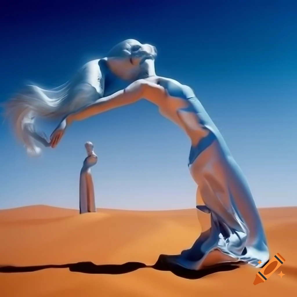 Pop surreal photography of silver statue woman in desert, 2000s style