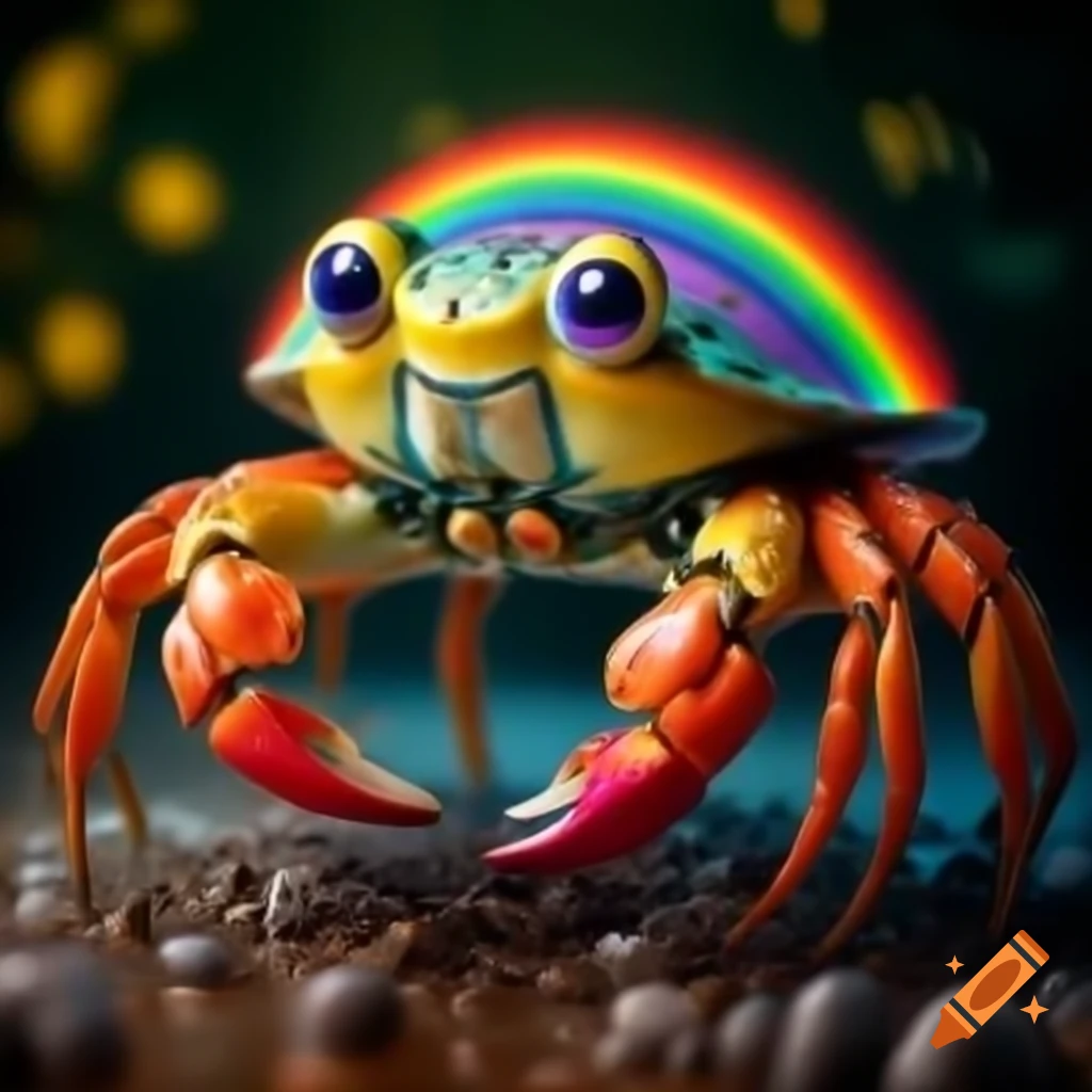 Vibrant robotic crab with rainbow shell navigating through a colorful environment