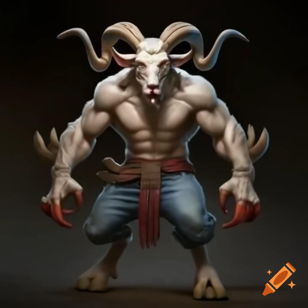 Realistic goat-headed demon with large horns and muscular physique in tennis shoes