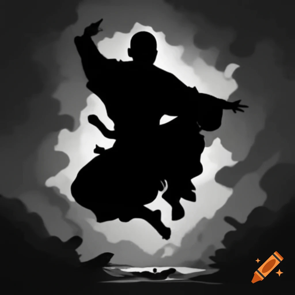 Monochrome silhouette of Shaolin monk performing jump kick