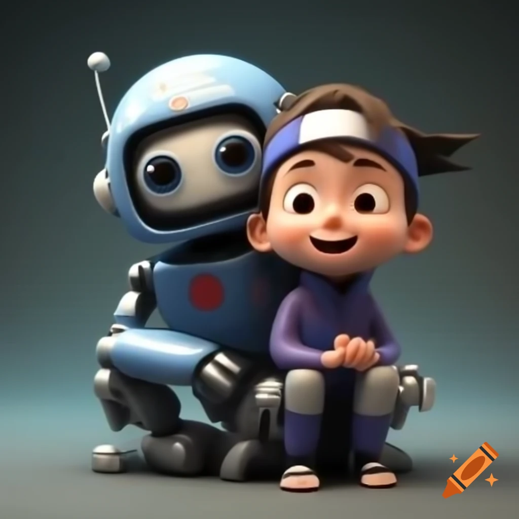 Smiling child ninja on humanoid robot's shoulders in 3D