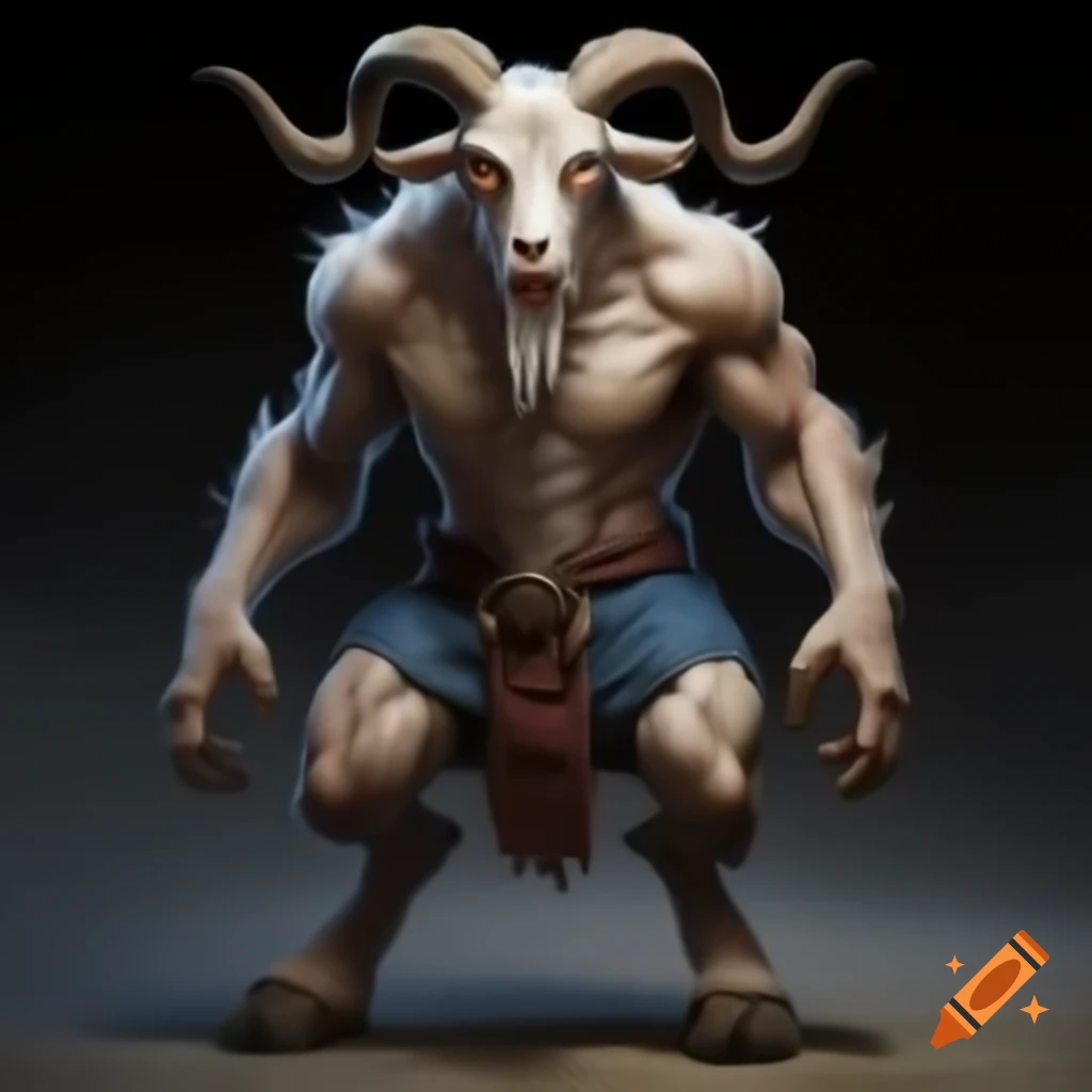 Strong goat-headed demon with large horns and muscular legs wearing Converse shoes