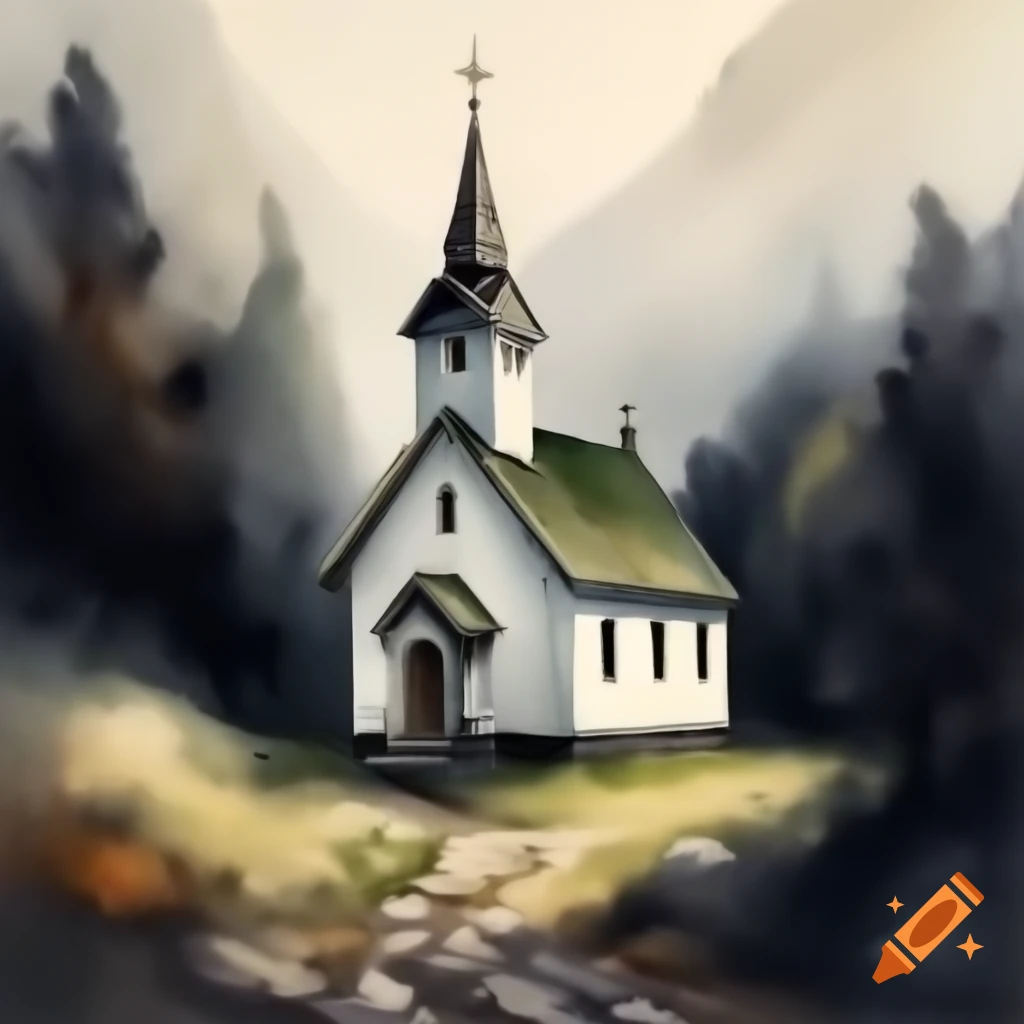 Small Swedish church in dark forest valley, watercolor style