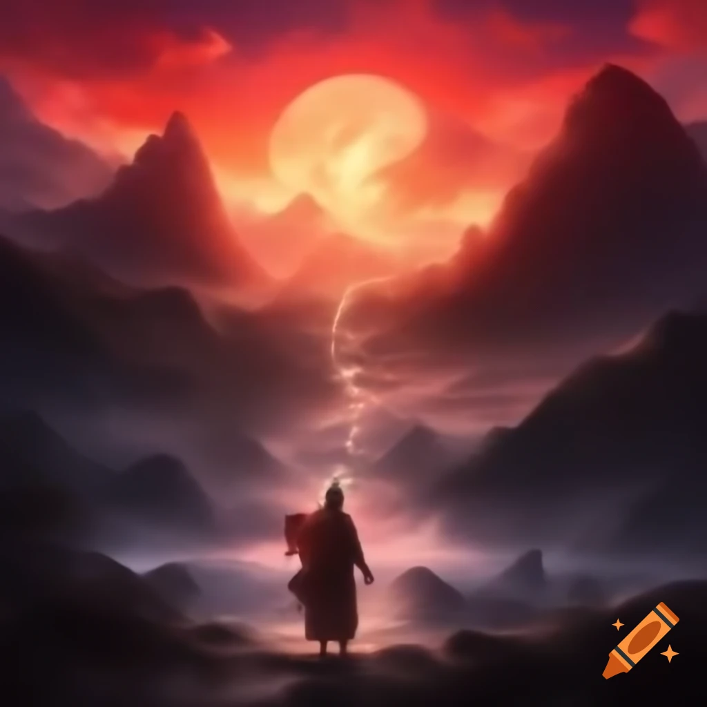 Mysterious beings in vibrant red mountains with surreal sands and hints of magic