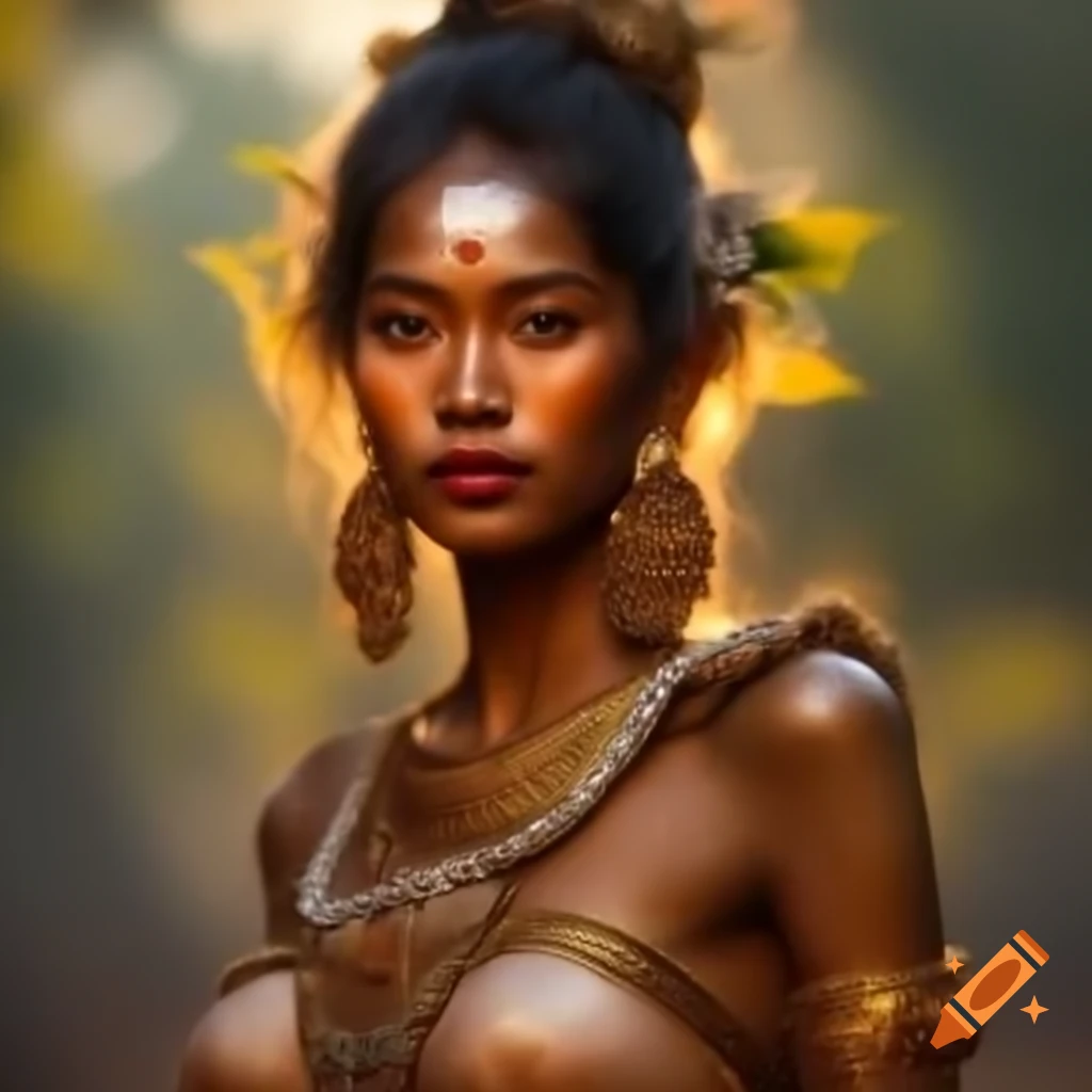 Young Cambodian woman dressed as ancient khmer goddess, painted in Diego Rivera and Carlos Schwabe styles