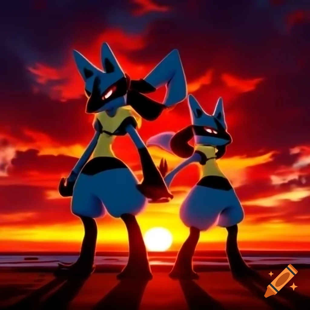 Two Lucario silhouetted against fiery sunset on beach, showcasing their bond