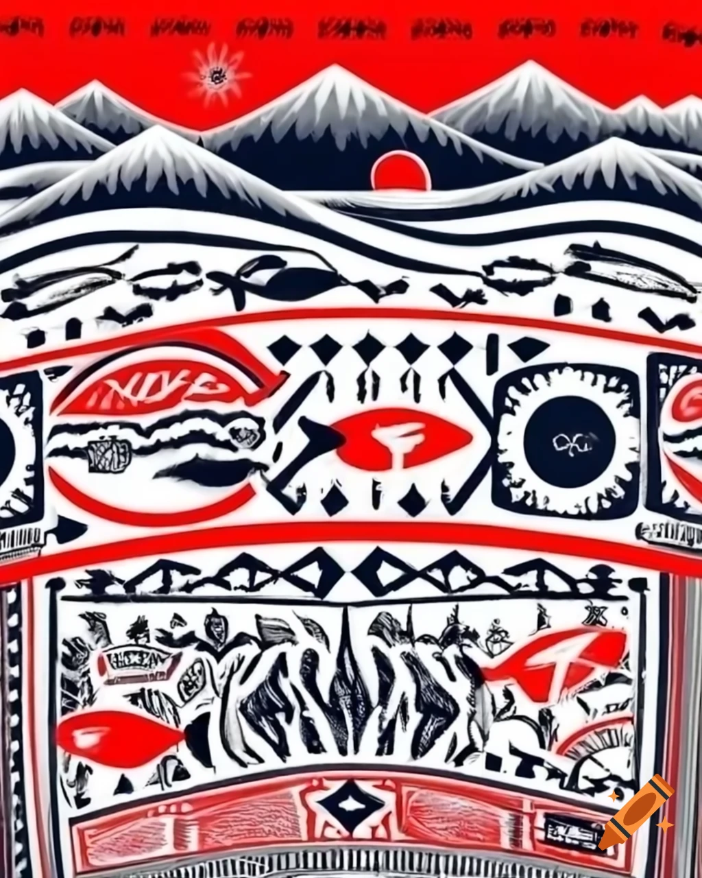 Salish designs with Seahawks, ravens, shorebirds, fish, and bears in bold outlines