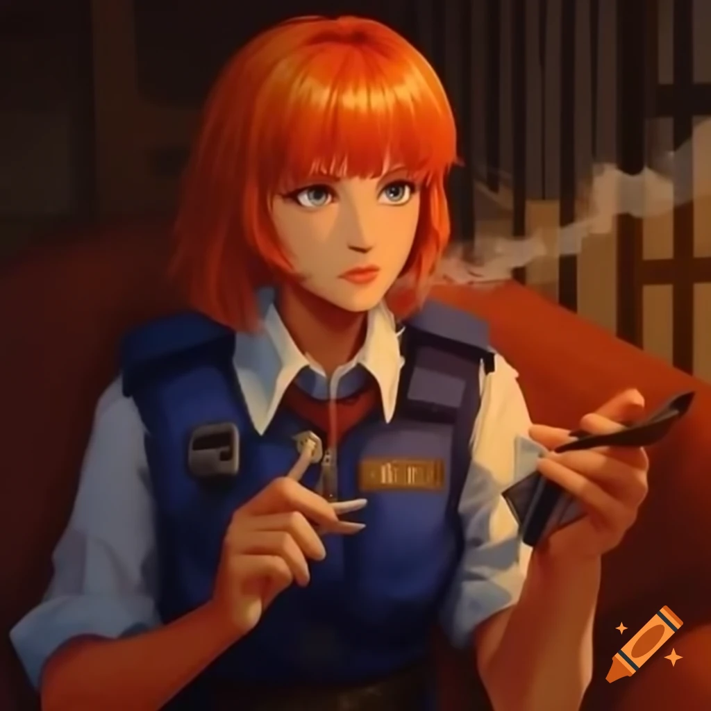 Retro pixelart portrait of policewoman at crime scene in Japanese living room