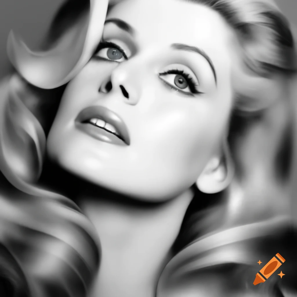 Hyper-realistic black and white portrait of a beautiful European Hollywood actress from 1962