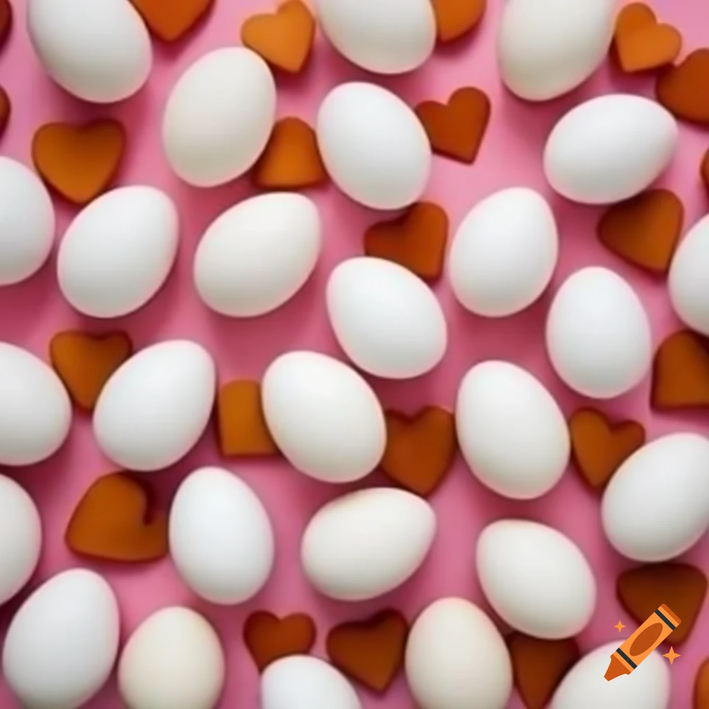 White eggs with brown hearts against a rose background