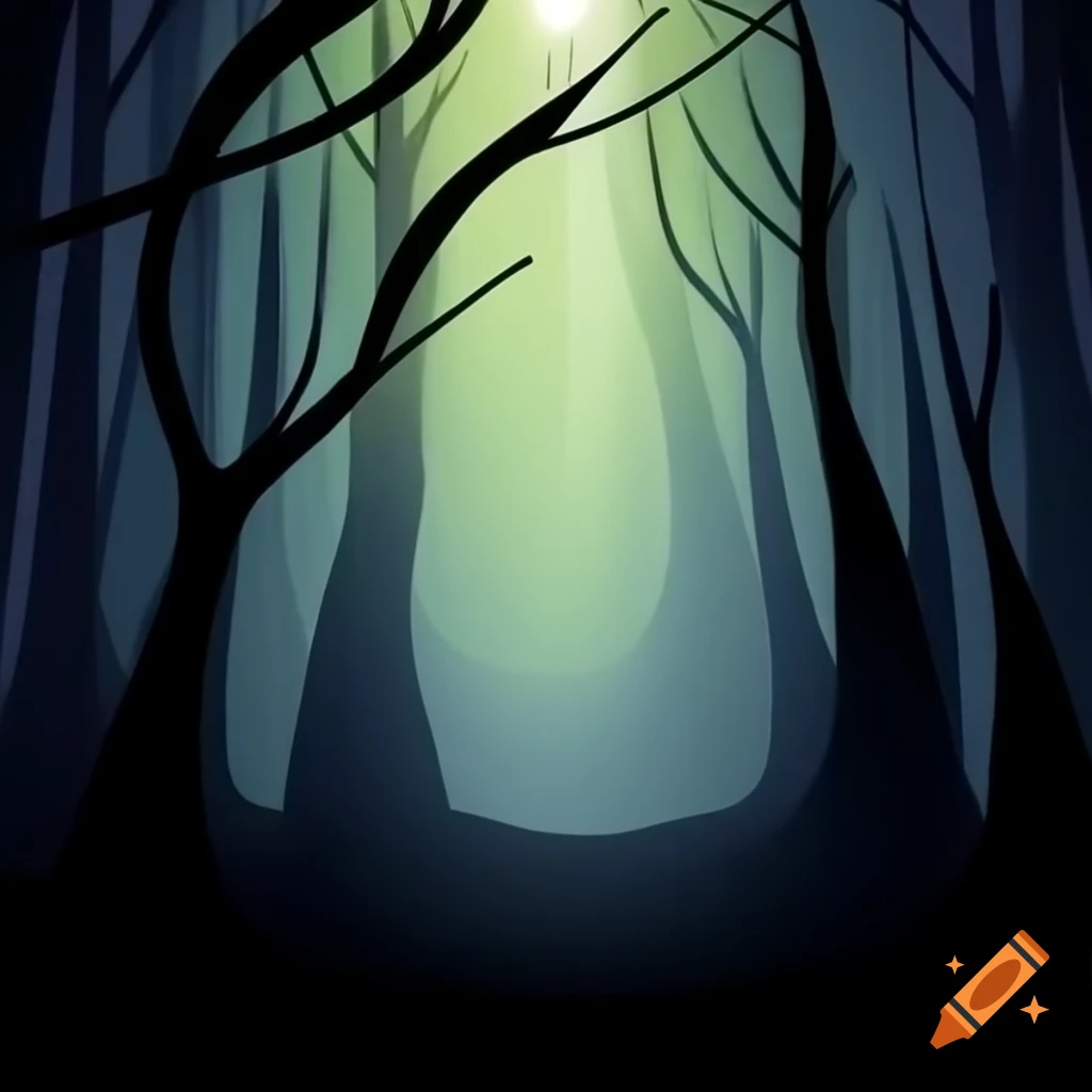 Haunted forest shrouded in fog with dark-colored trees side by side