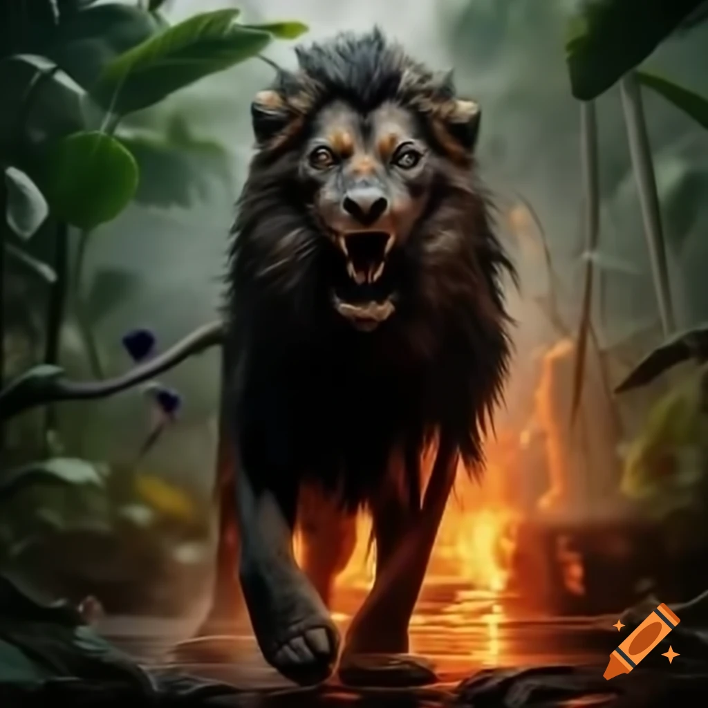 Black lion roaring in jungle with fire raining down