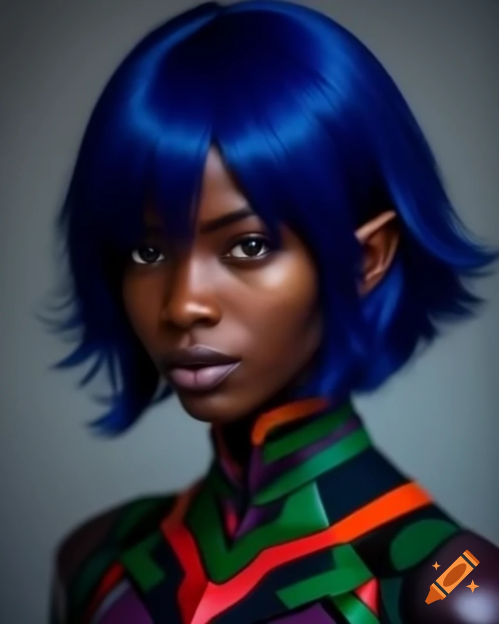 East African woman cosplaying as elfic alchemist at Comiket with detailed facial features