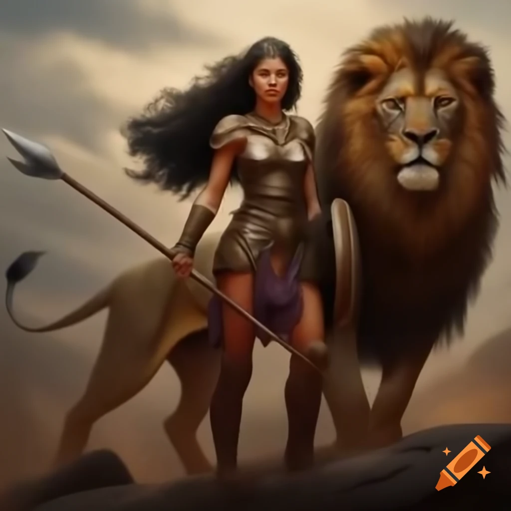Woman warrior leading a lion