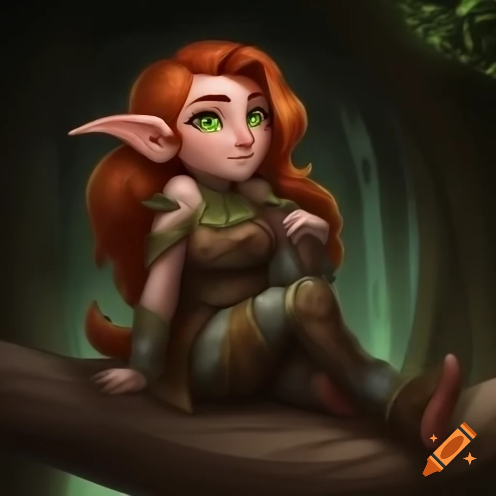 Female forest gnome druid portrait sitting on log with auburn hair and green eyes
