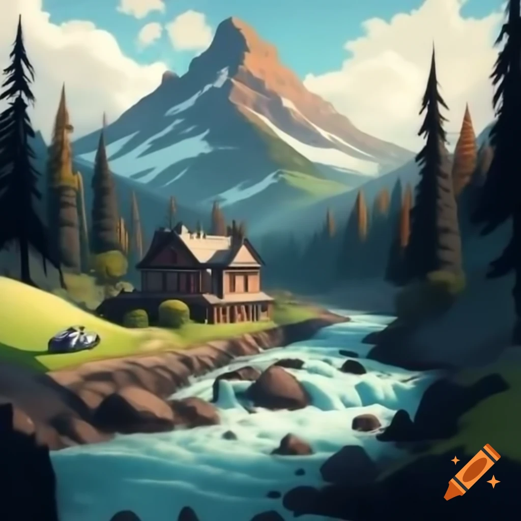 Surreal house with river on roof and cars moving upstream, against forest with topsy-turvy trees