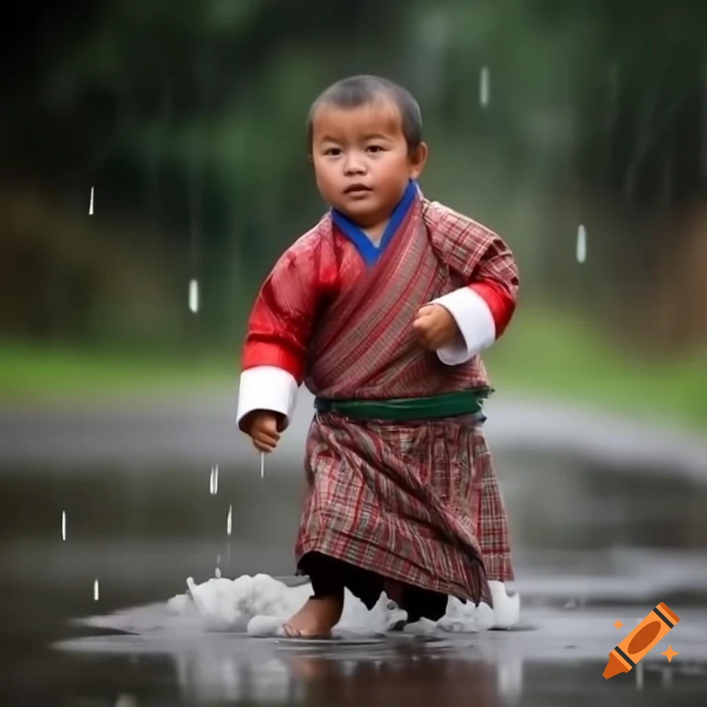 Bhutanese boy playing in light drizzle rain
