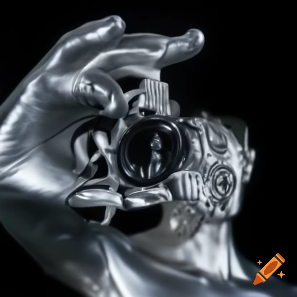 Pop surreal photography featuring a detailed silver statue from the 2000s