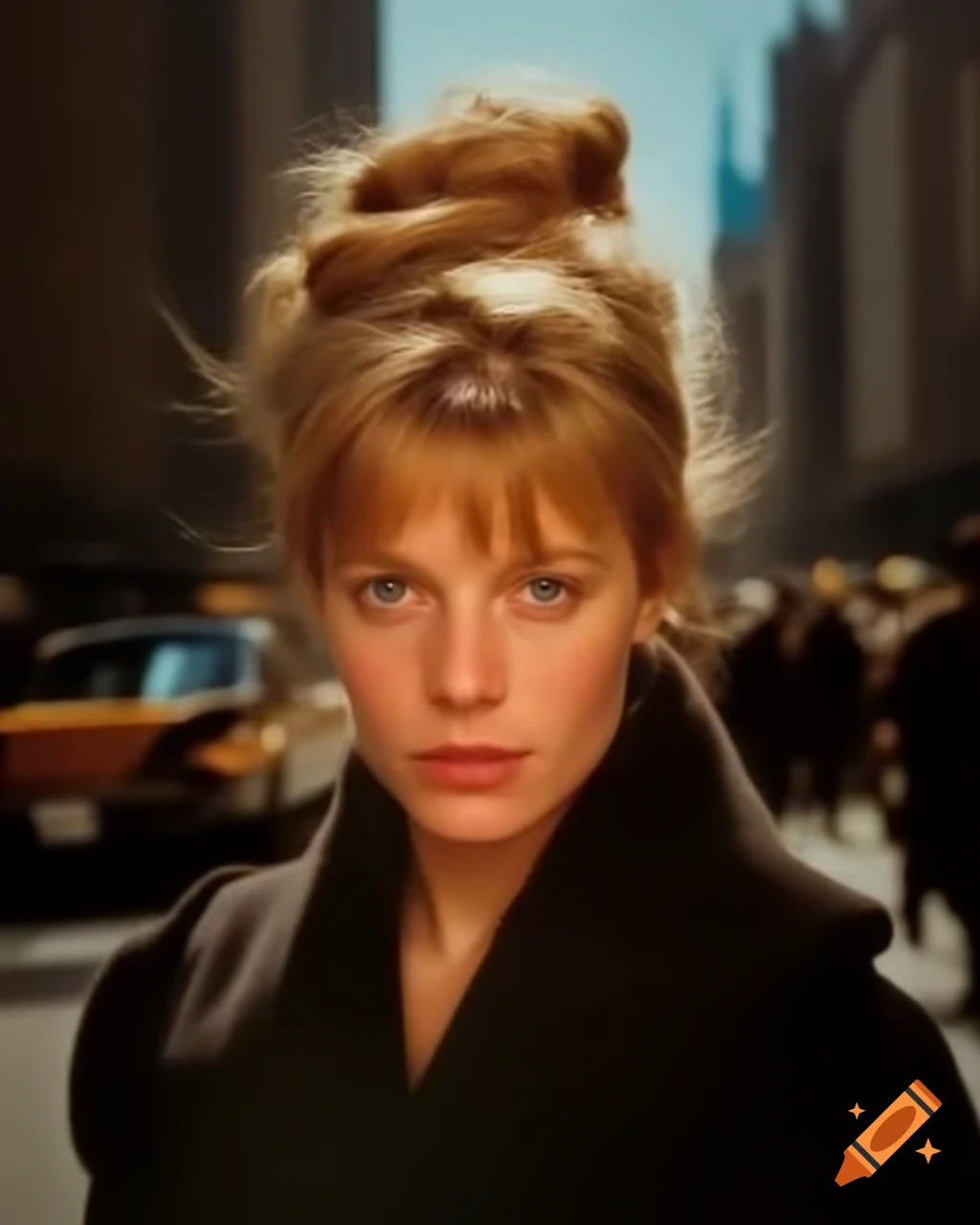 Hyper-realistic portrait of a French-Koteranian noble lady in New York street, detailed facial features