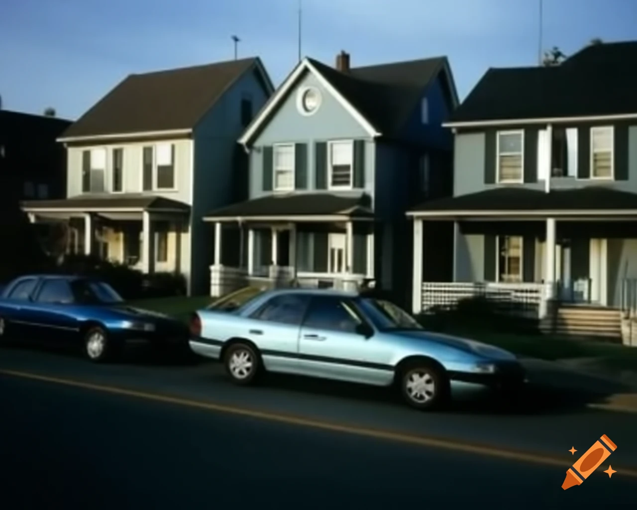 90s neighborhood with light blue houses and vintage cars