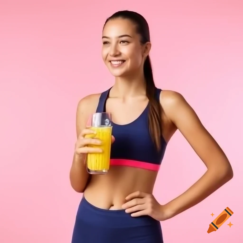 Sporty girl standing with juice, smiling