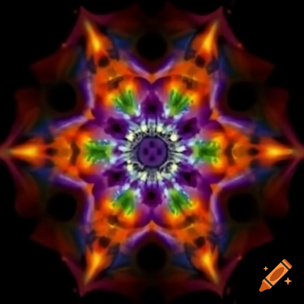 Complex psychedelic pattern with geometric shapes and floral design in orange and blue hues