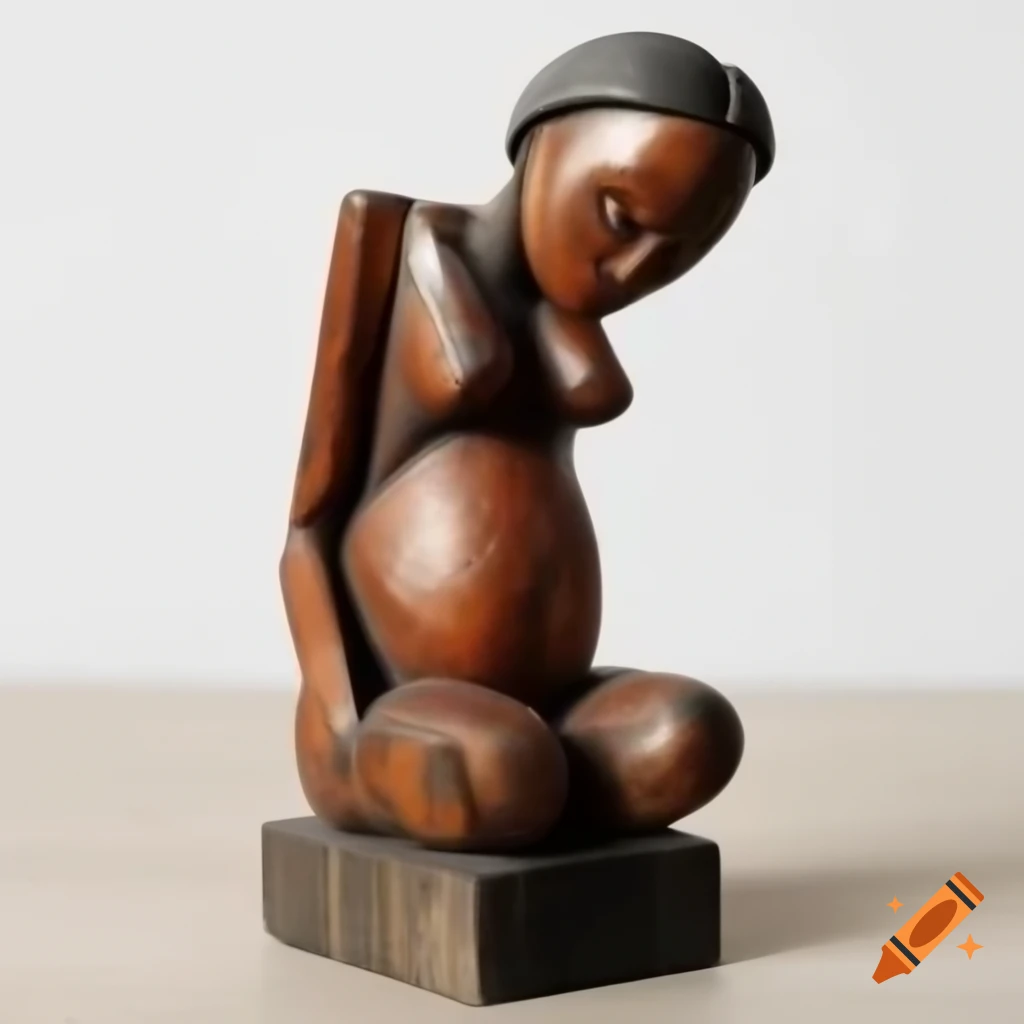 Cubist sculpture of female figure in folklore style with rough wooden engravings