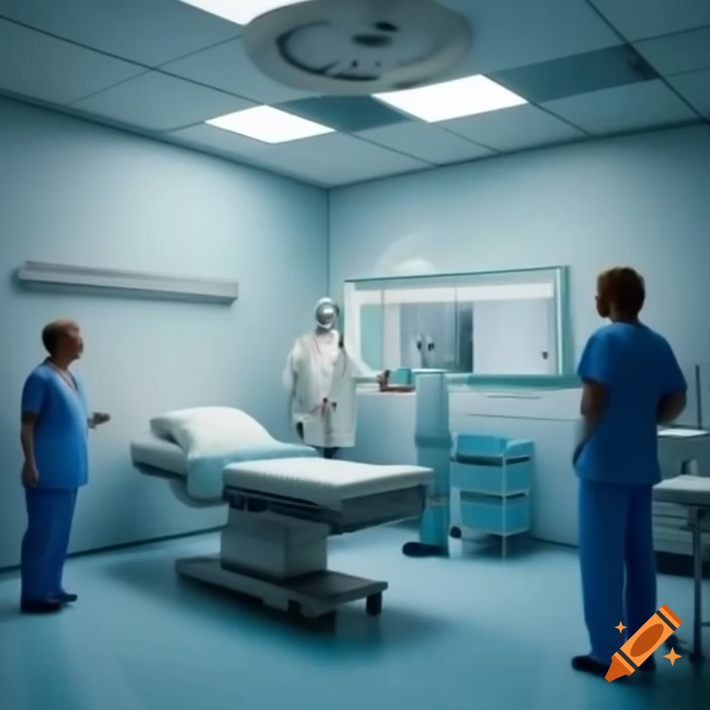 Medical room with white walls, doctor and nurses by examination chair
