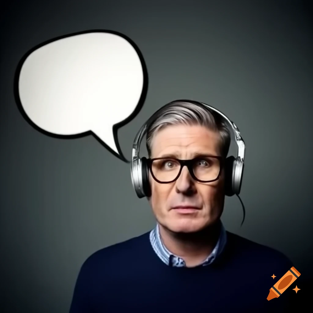 Sir Keir Starmer wearing headphones and glasses with speech bubble