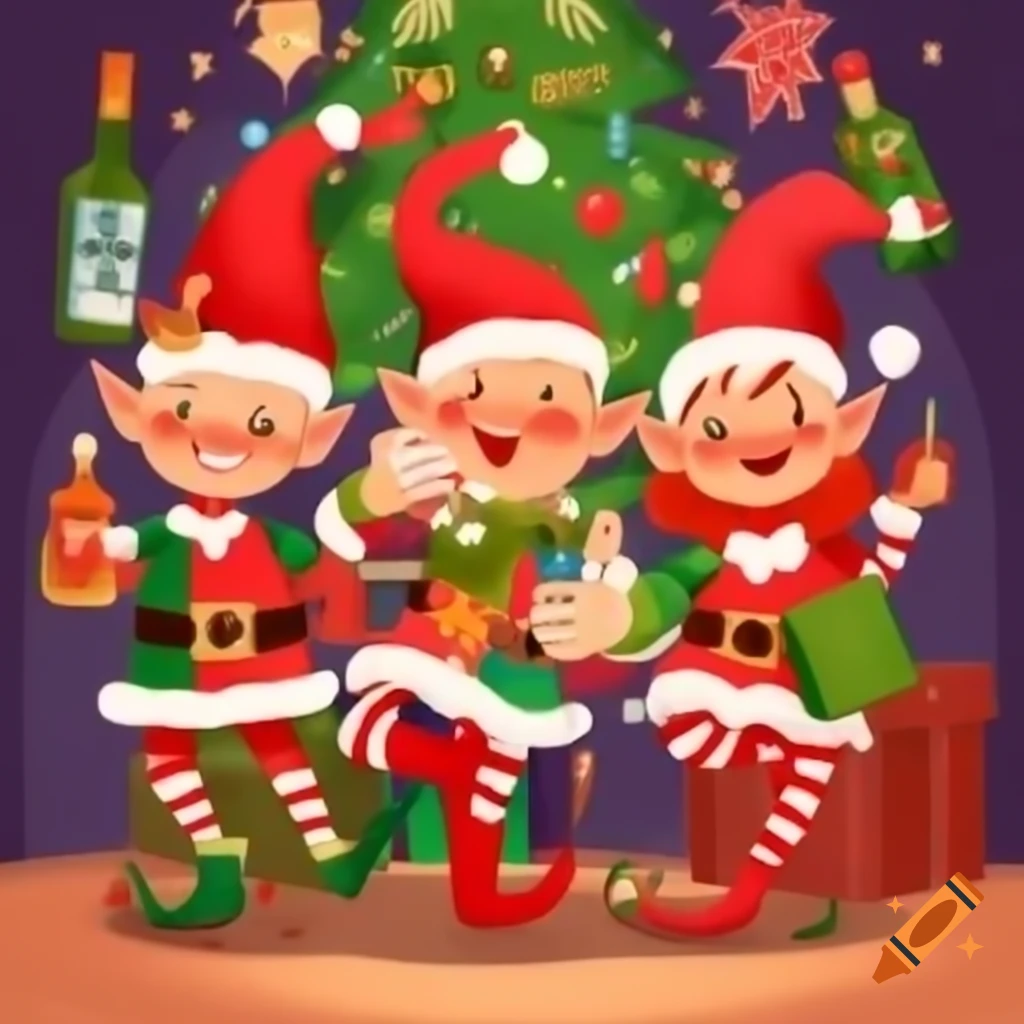 Three cheerful Christmas elves celebrating with drinks and dancing