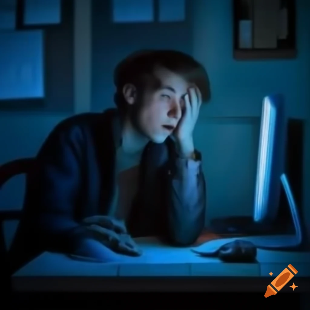 Person doing homework in dimly-lit room with computer, exhibiting tired determination
