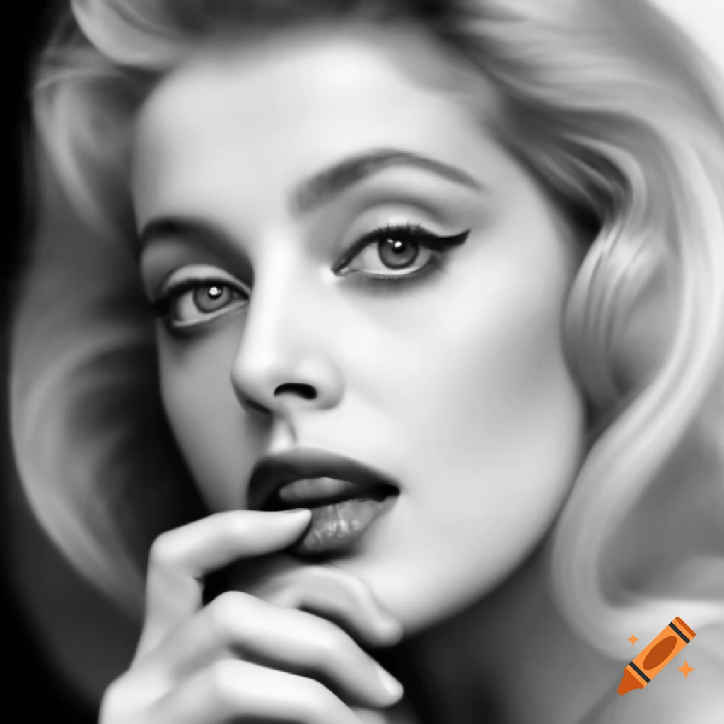 Hyper-realistic black and white portrait of a beautiful European actress from 1963