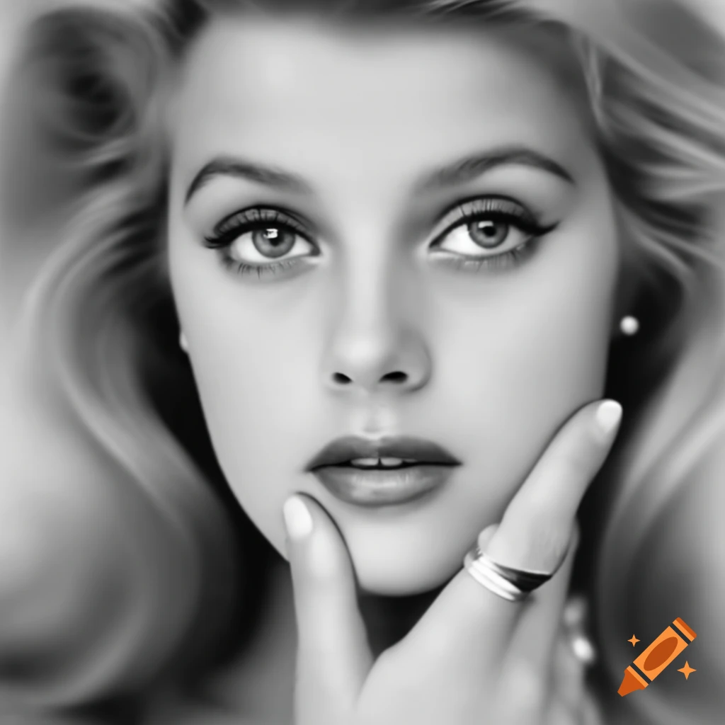 Hyper-realistic black and white portrait of a beautiful European actress from 1963