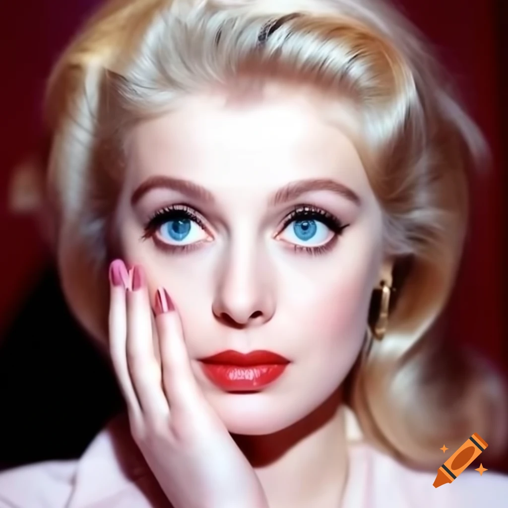 Hyper-realistic photograph of a beautiful European actress from 1963 with porcelain skin and blue eyes