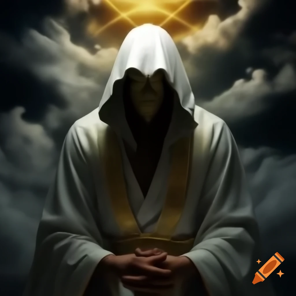 Hooded figure in white robes with gold and silver trim against glowing heavenly clouds