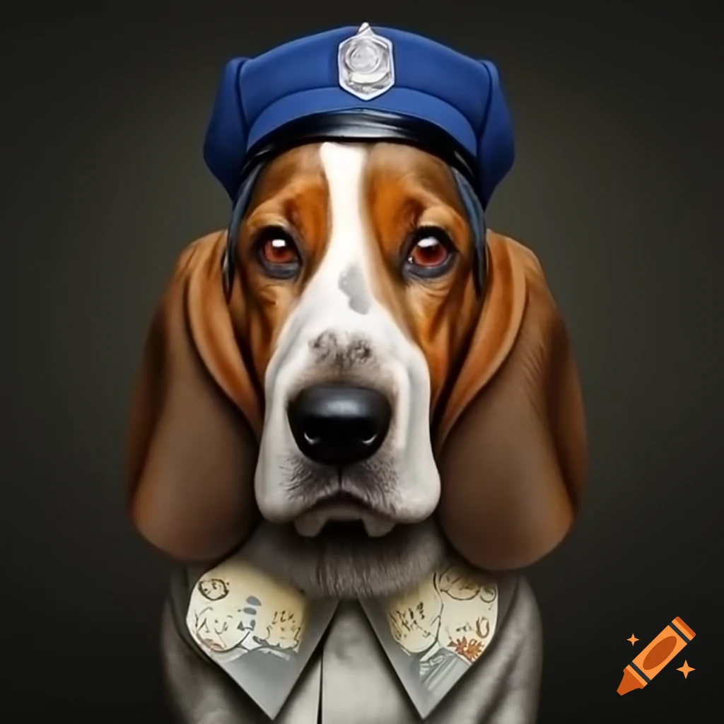 Basset Hound dressed in police attire