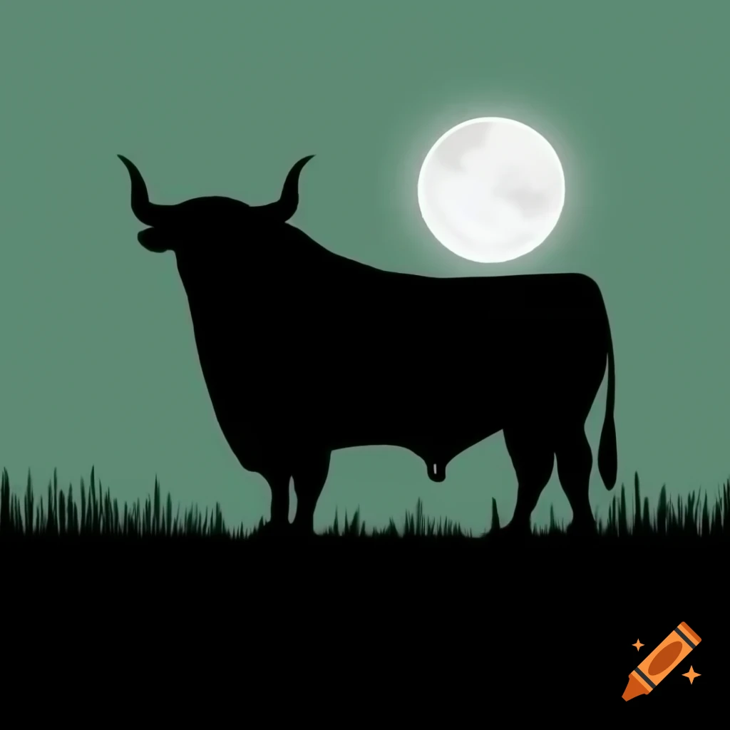 Silhouetted bull against full moon with green grassy field backdrop