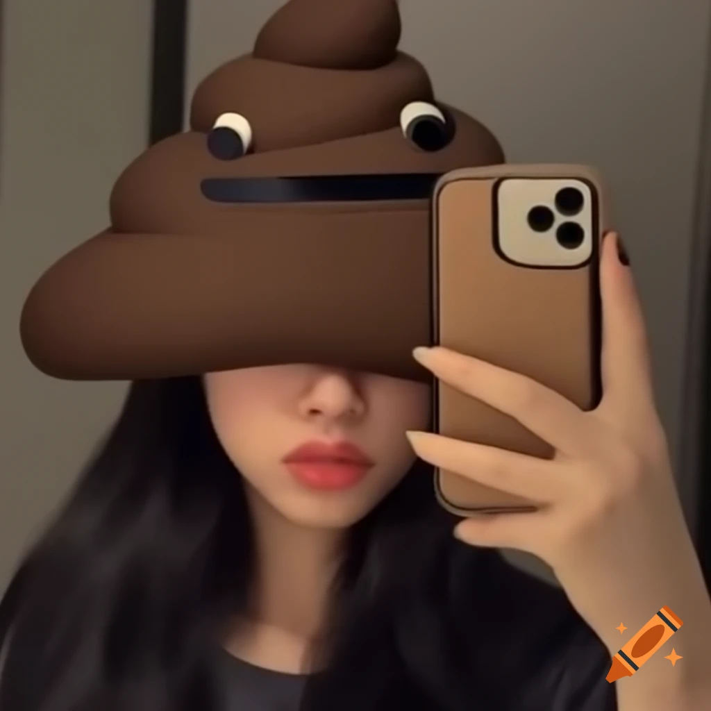 Woman wearing humorous poop-themed hat in selfie
