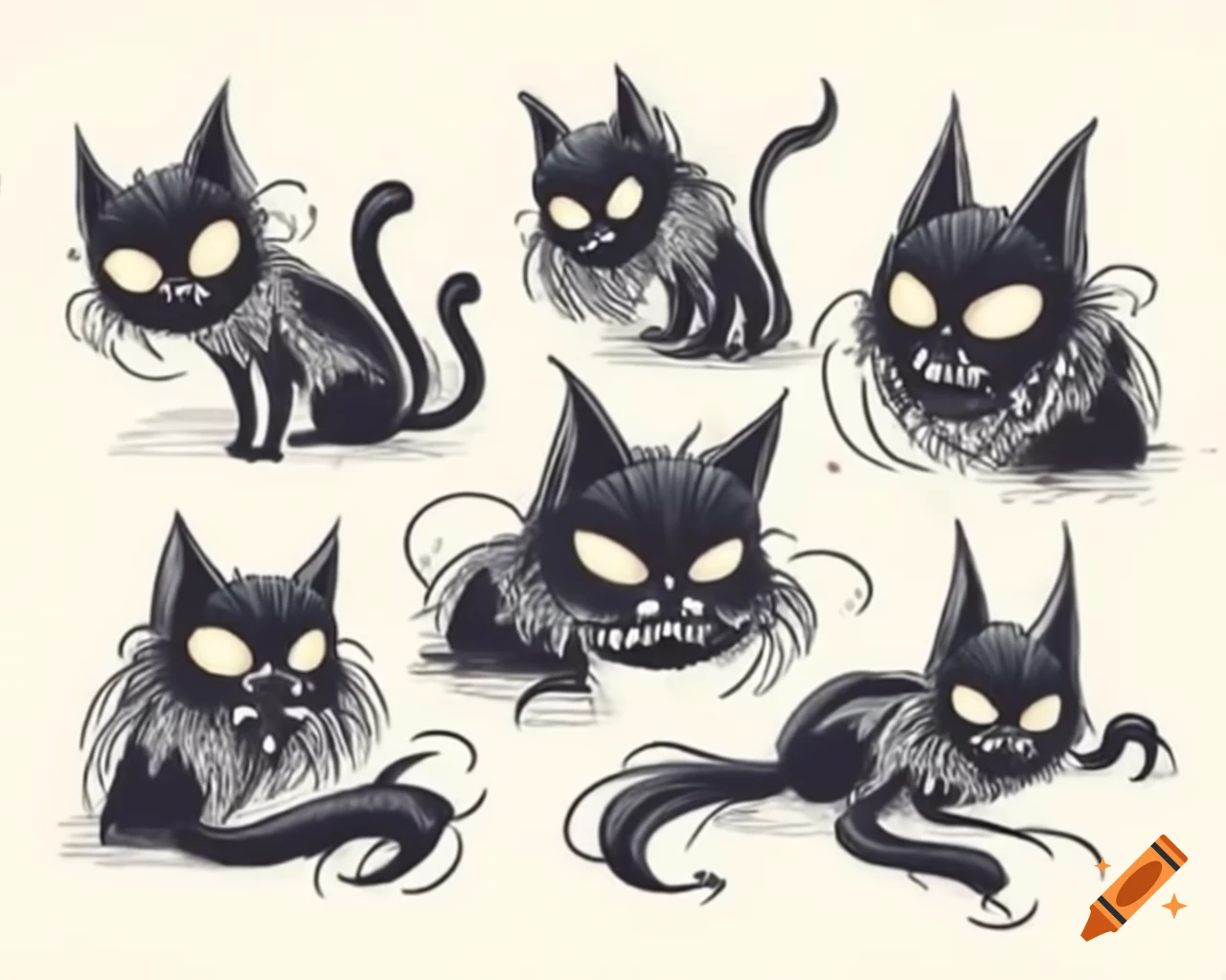 Sinister black cats with glowing eyes on the beach