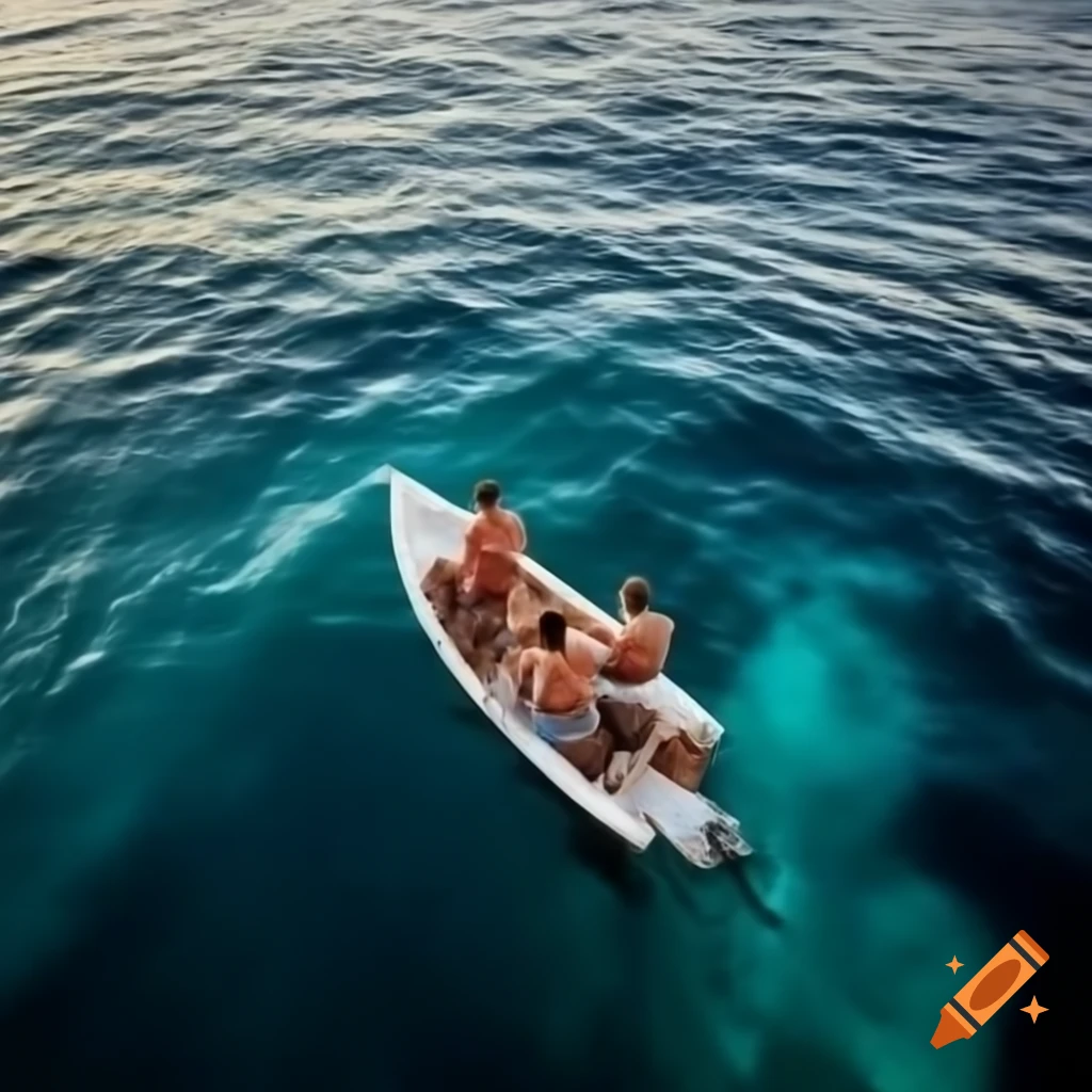 Photorealistic scene of three men in dinghy boat on wavy sea with sailboats in late afternoon light