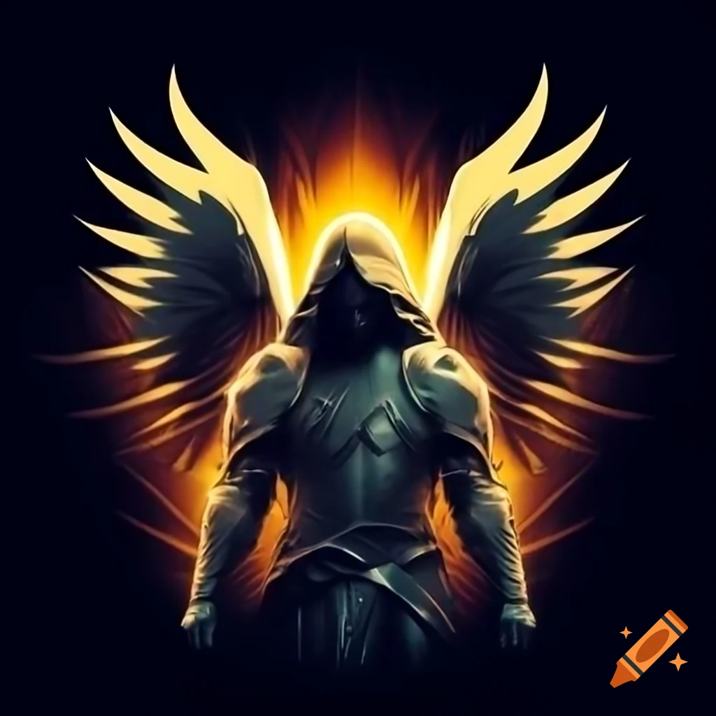 Powerful logo depicting armored Jesus radiating golden light and divine feathers