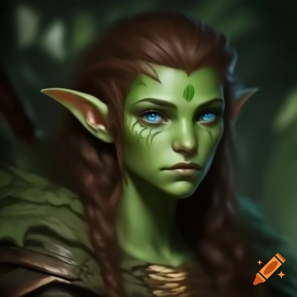 Elven female druid character portrait with long curly brown hair and