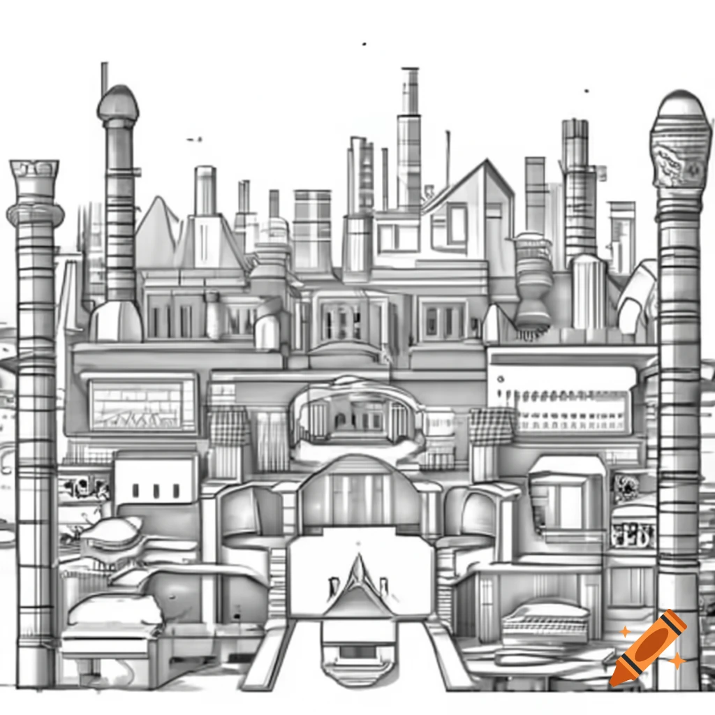 Overview of 1700s industrial civilization city with industrial arts and statue