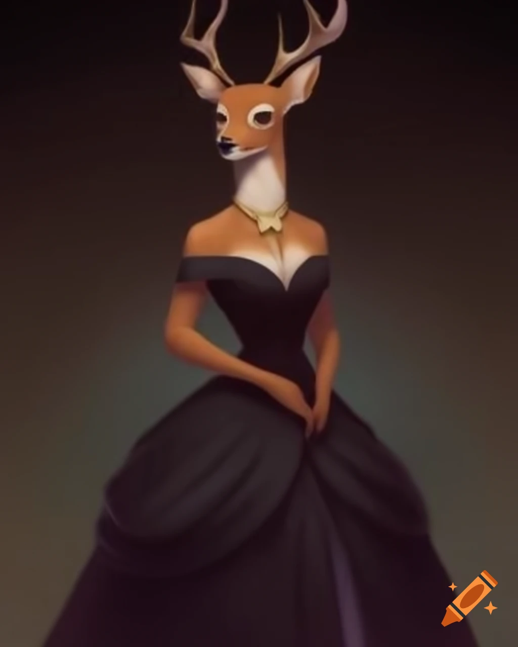 Anthropomorphic doe dressed in elegant evening gown