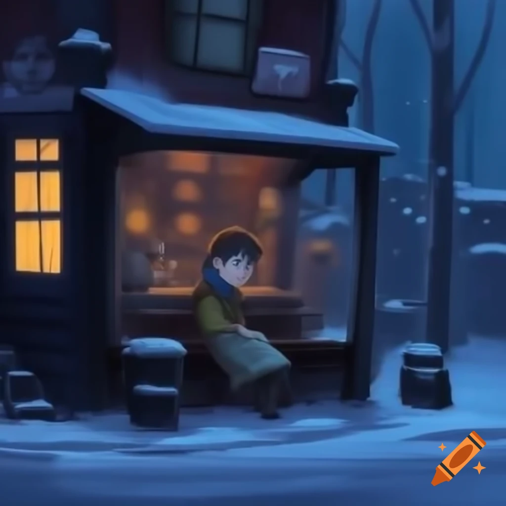 Boy waking up in a tavern on a snowy night